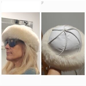 Vintage Ravel Cream Fox Fur & White Leather Cloche Hat